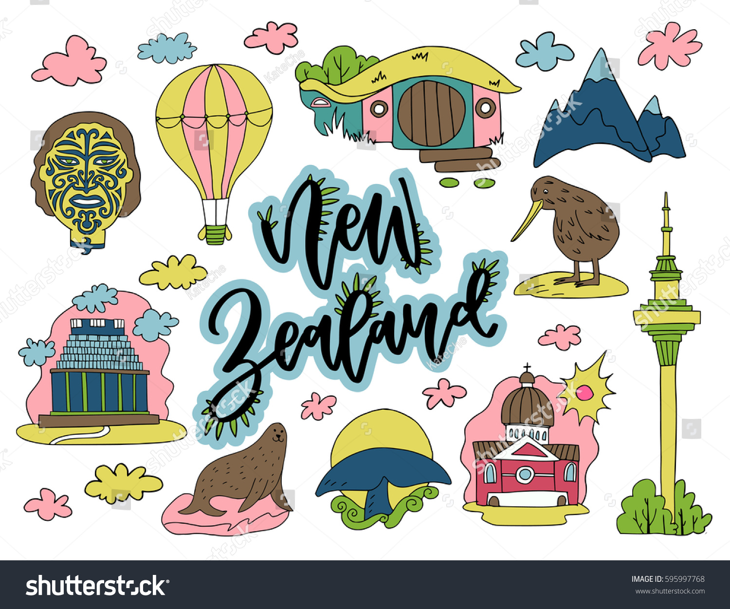 New Zealand travel attractions and symbols hand drawn concept with famous buildings  animals and landmarks. Vector illustration for tourist guide  poster  post card  souvenir. Unique lettering design.