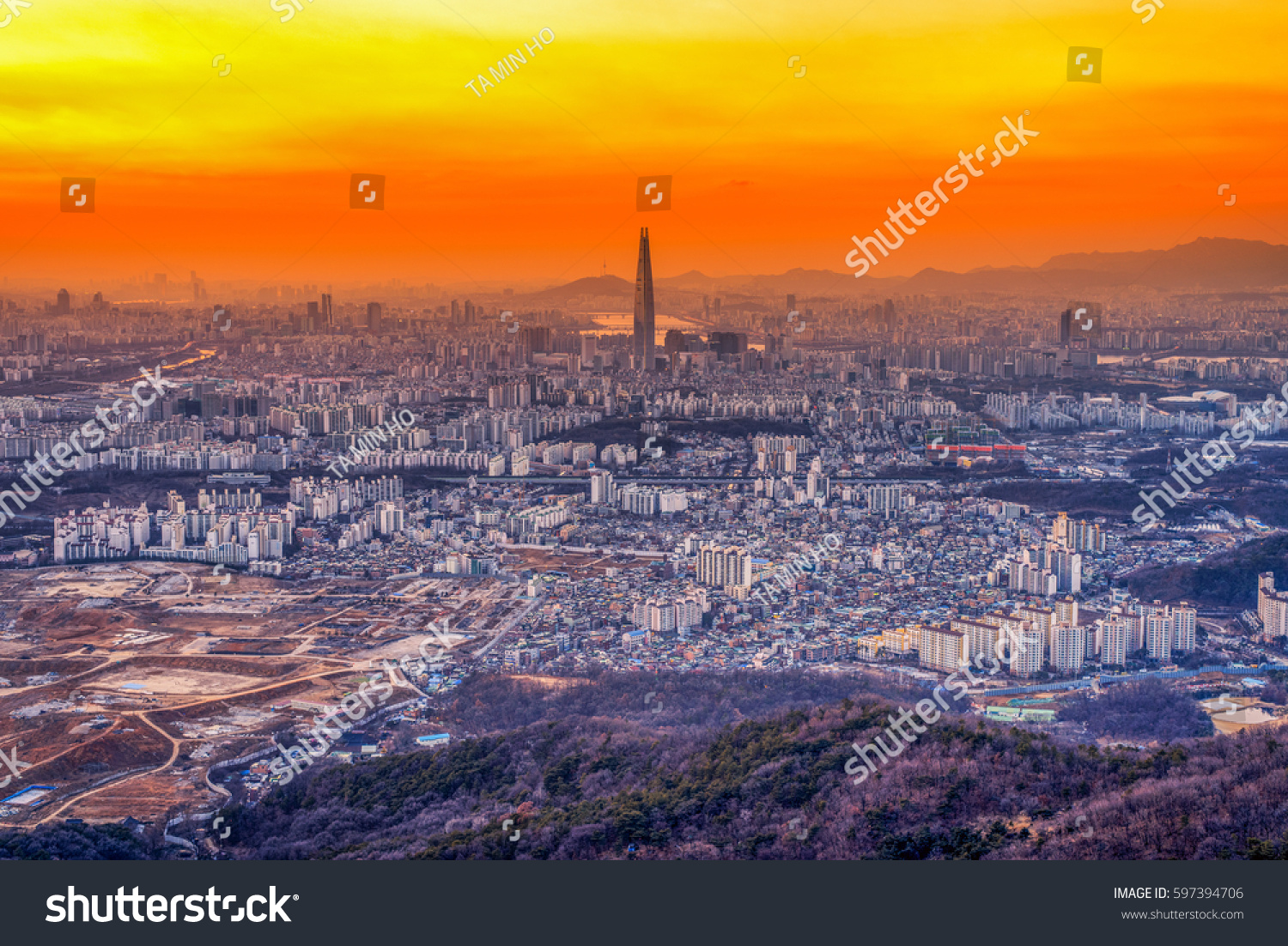 View of downtown cityscape and Seoul tower in Seoul  South Korea.