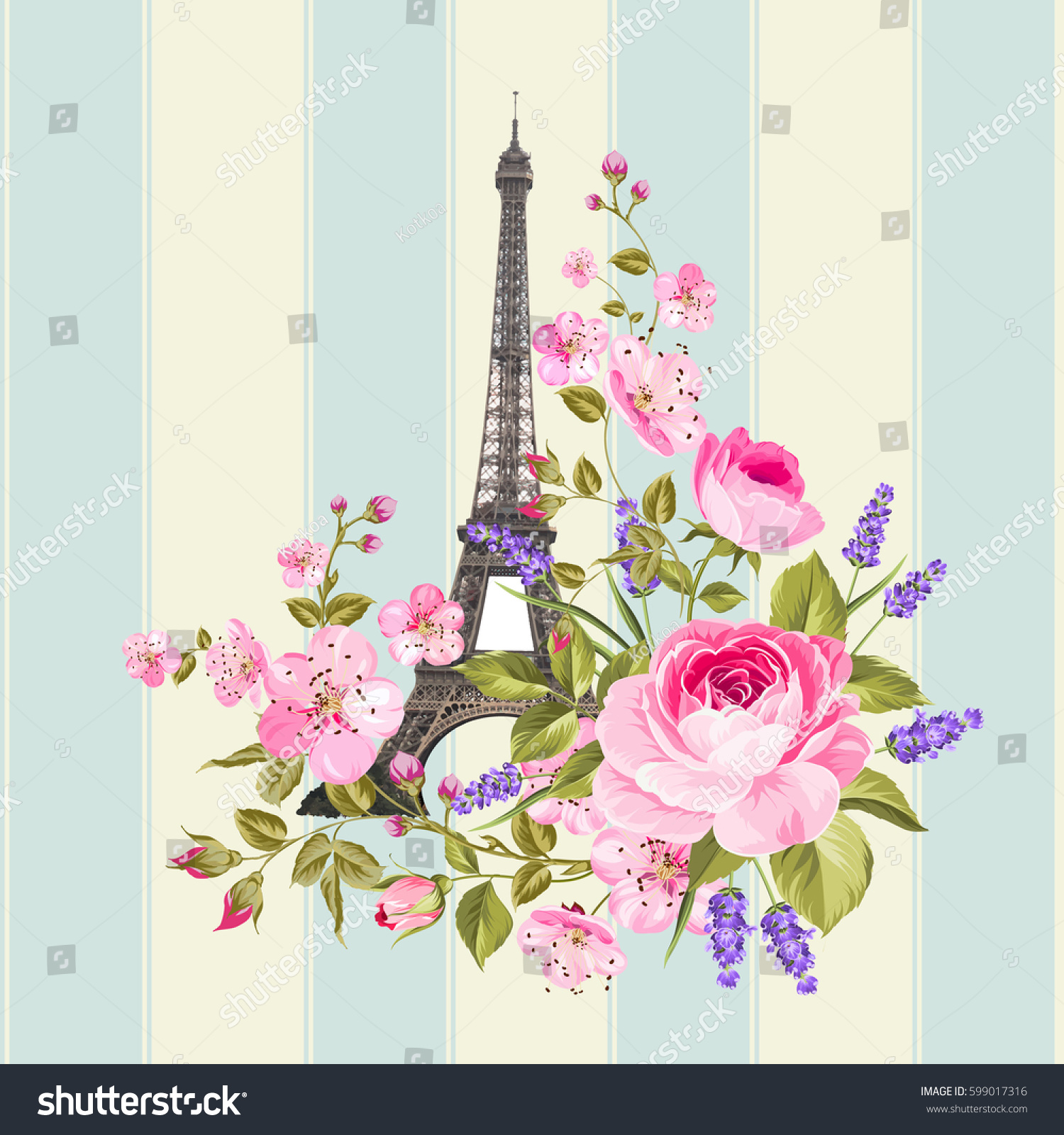 Eiffel tower post card design. Template of vintage post card with eiffel tower and flowers. Vector illustration.