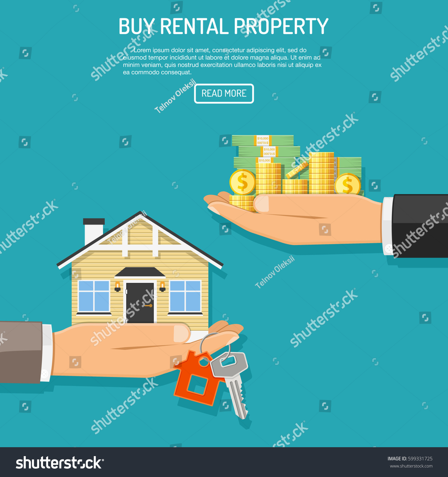 Hand with money  coins and hand with house and keys. flat style icons. sale  purchase  lease  rent of real estate concept. isolated vector illustration
