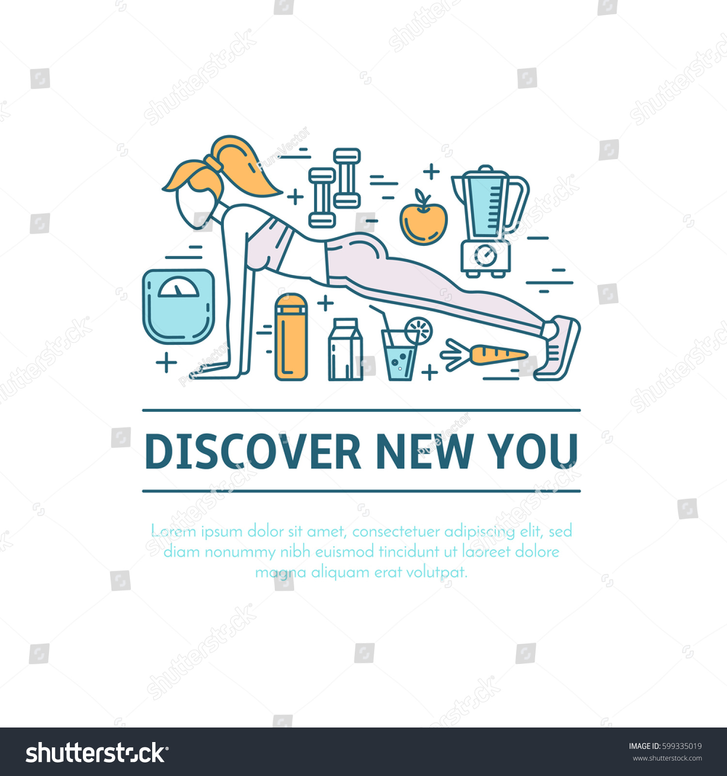 Design concept with thin line icons of healthy living lifestyle  food and fitness training elements. Outline logo template isolated on white background.