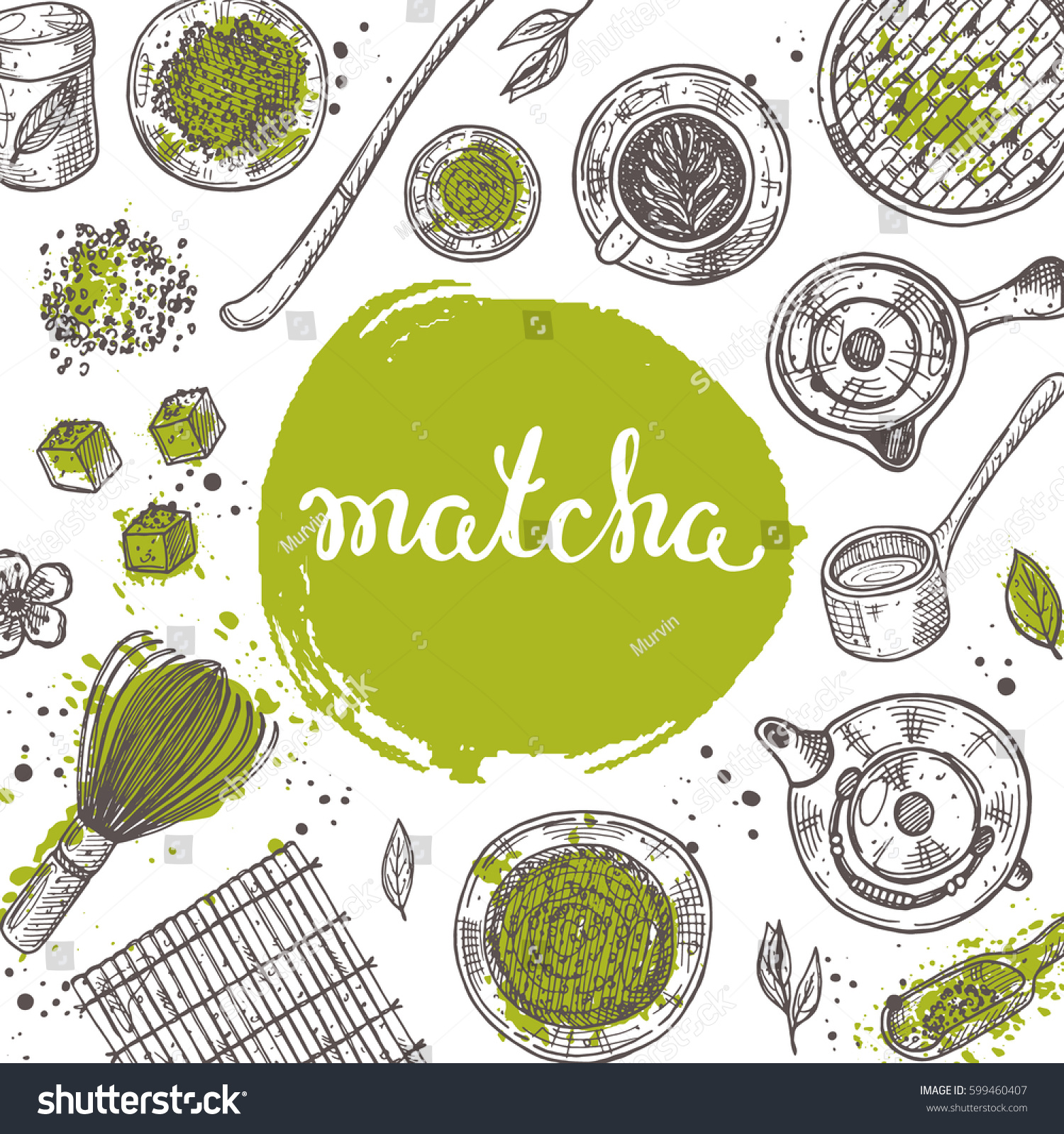 Matcha concept. Japanese ethnic and national tea ceremony. Watercolor splash. Lettering card. Hand drawn vector illustration. Can be used for shop  market  poster  emblem  sticker  placard.