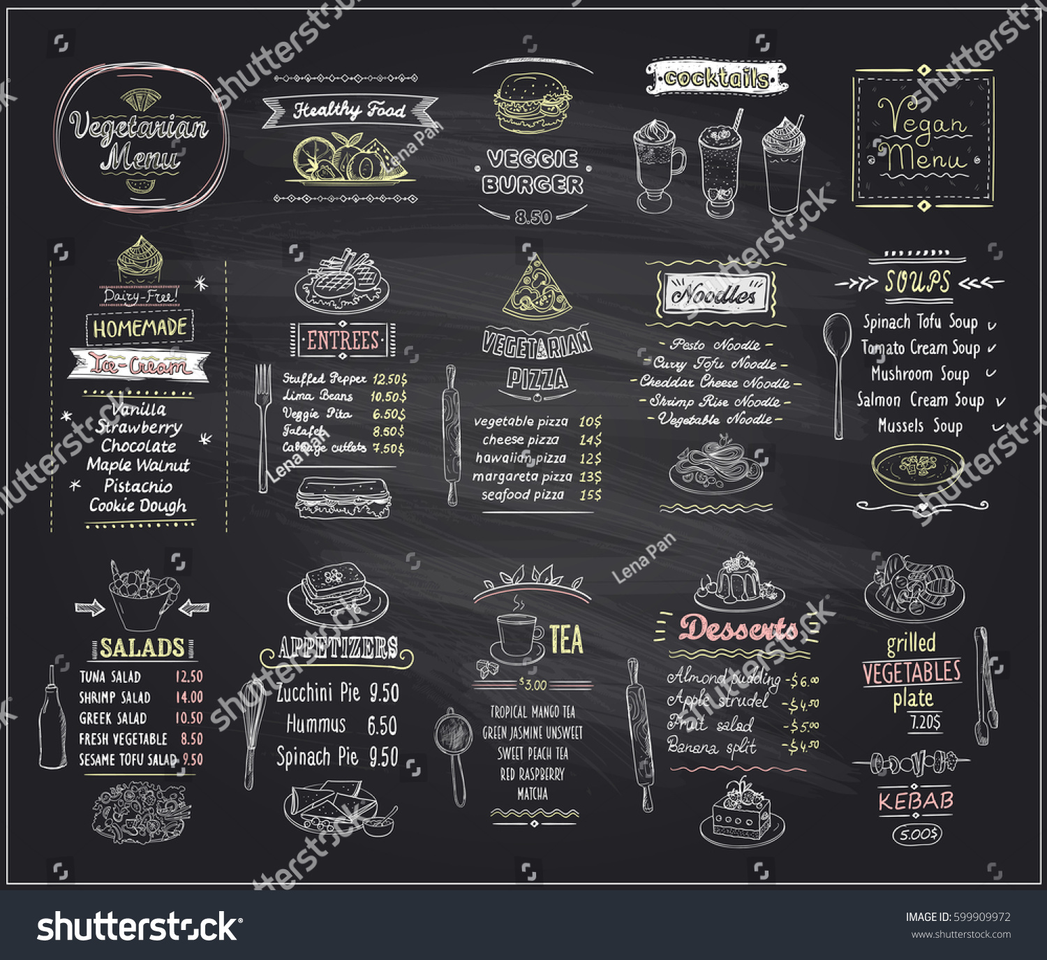 Vegetarian and vegan food chalkboard menu design set  hand drawn line graphic illustration with desserts and drinks  soups  salads  pizza and noodles  vector collection