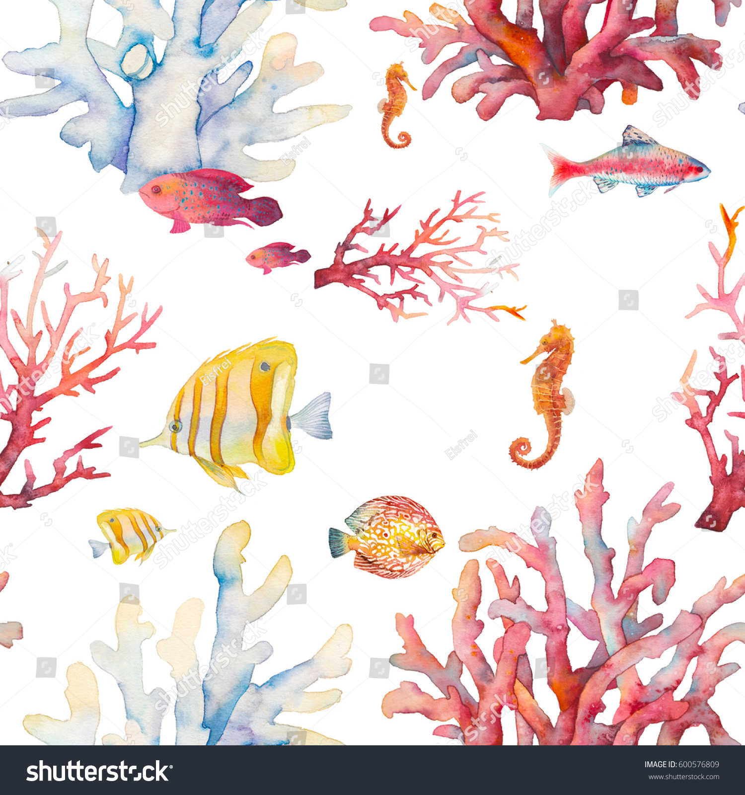 Watercolor coral reef seamless pattern. Hand drawn realistic background design: tropical fishes corals sea horse on white background. Natural repeating texture design for paper fabric wallpaper