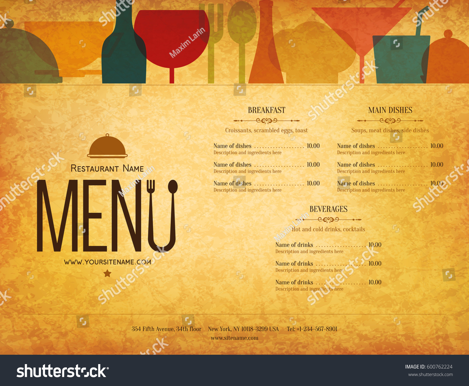 Restaurant menu design. Vector brochure template for cafe  coffee house  restaurant  bar. Food and drinks logotype symbol design. With a sketch pictures
