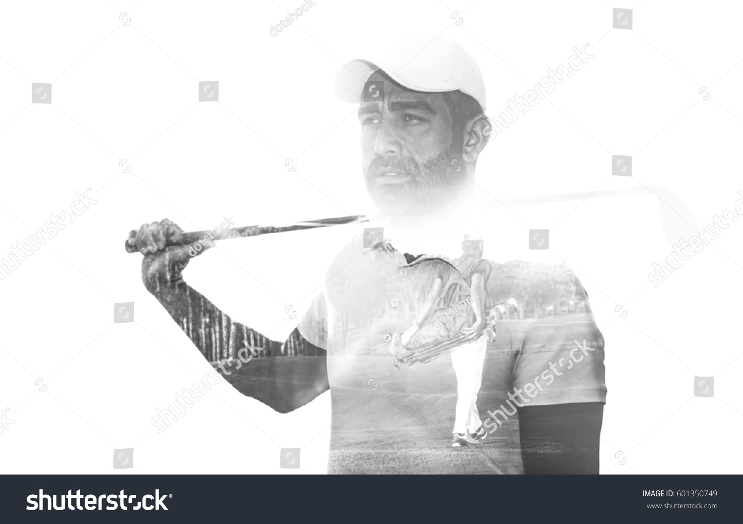 Double exposure of senior golf player holding club combined with green field