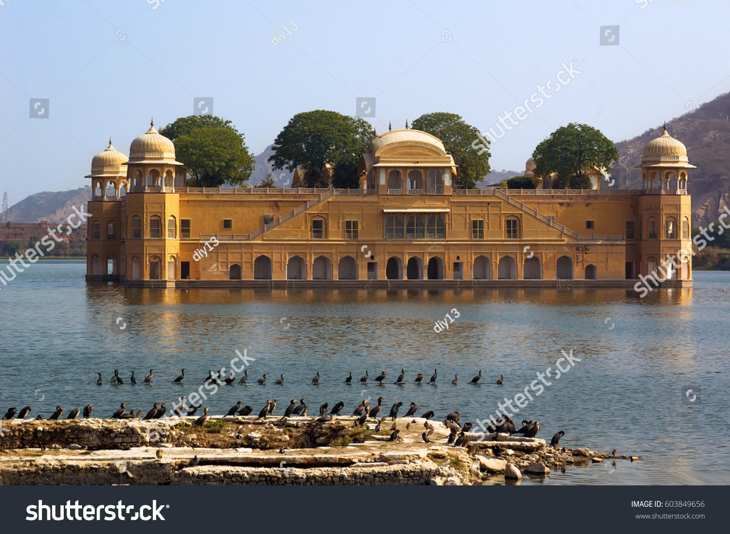 View of Jal Mahal from the Man Sagar Lake. Jal Mahal is the major tourist attraction in Jaipur Rajasthan India.