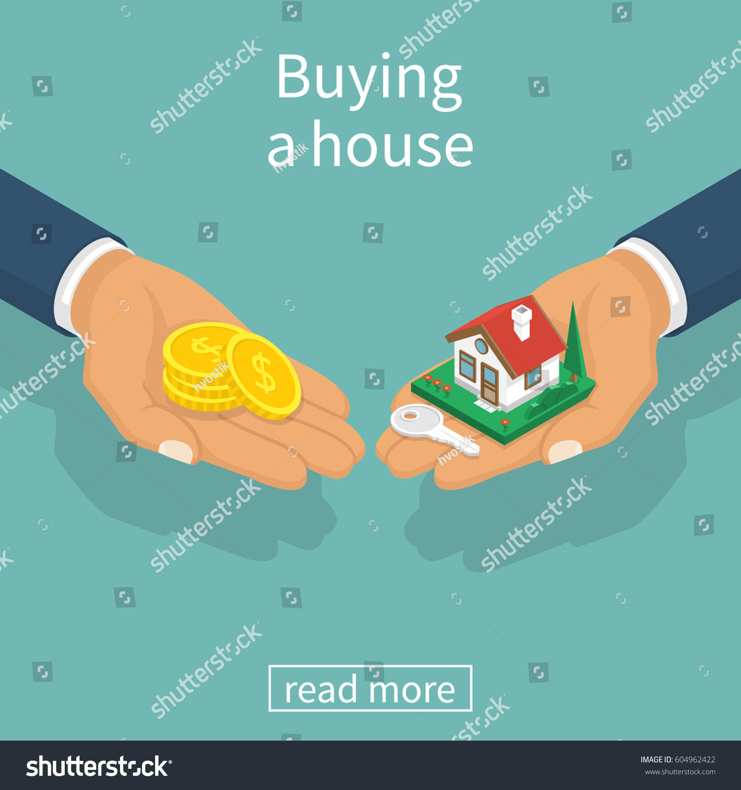 Buying house. Agent of real estate holding in hand house  key. Buyer  customer gives gold coin. Deal sale and purchase of real  concept. Vector illustration flat isometric design. Money home.