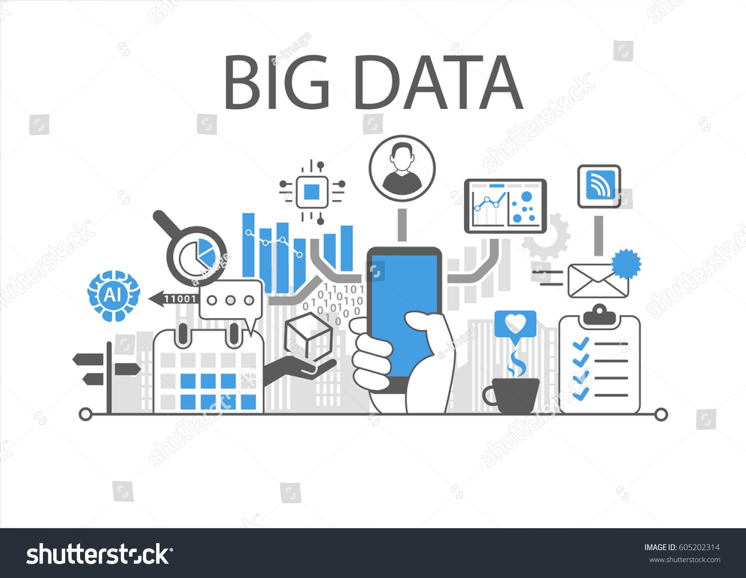 Big data infographic vector illustration with hand holding smartphone