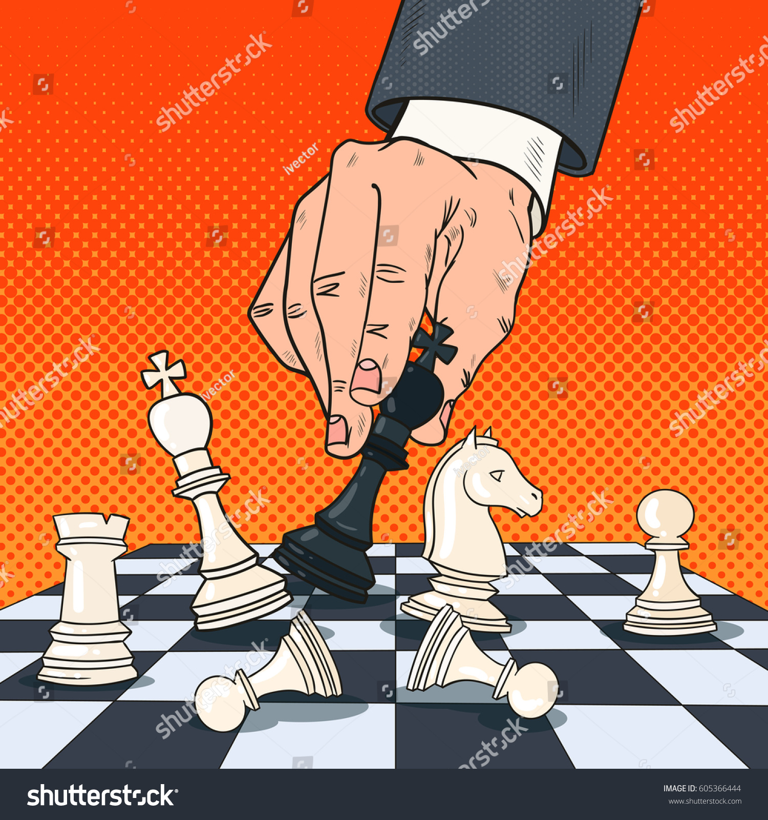 Pop Art Hand of Businessman Holding Chess Figure. Business Strategy Concept. Vector illustration