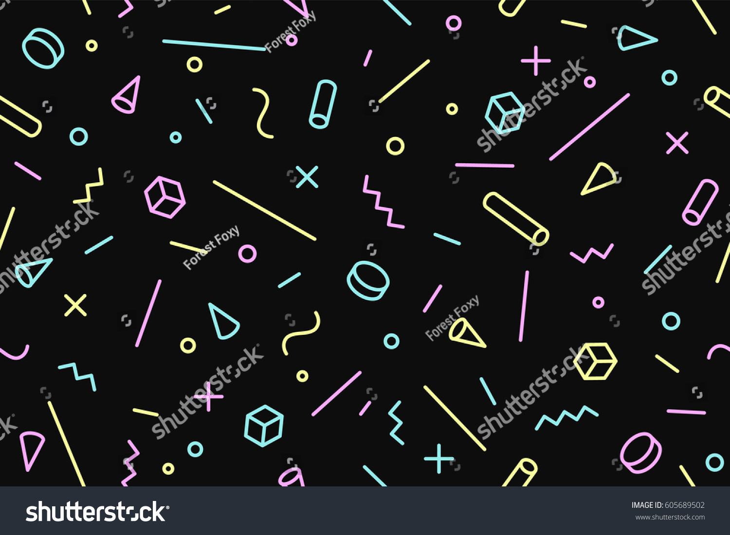 Seamless memphis graphic pattern 80s-90s trendy styles on black background. Colorful pattern with different shapes objects. Design for wrapping paper  fabric background  wallpaper. Vector illustration