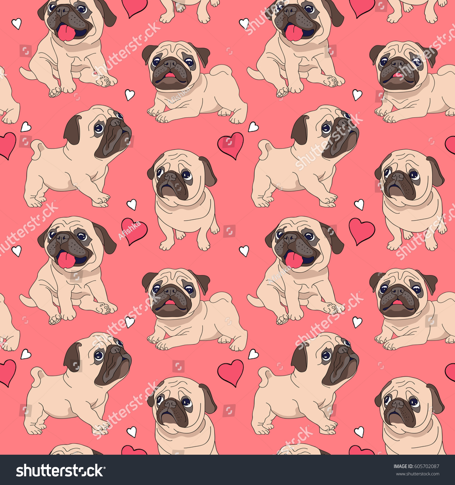Seamless pattern with image of a Funny cartoon pugs puppies on a pink background. Vector illustration.