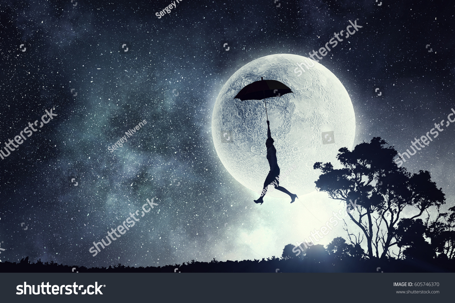 Woman flying on umbrella . Mixed media