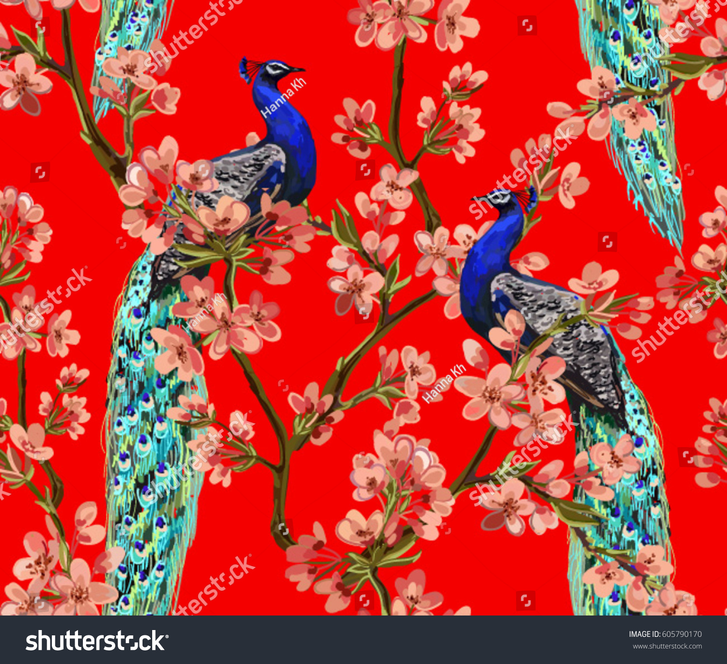 Beautiful vector seamless pattern with peacock tropical japanese flowers  tree  spring wallpaper  branches. Perfect for wallpapers  web page backgrounds  surface textures  textile.