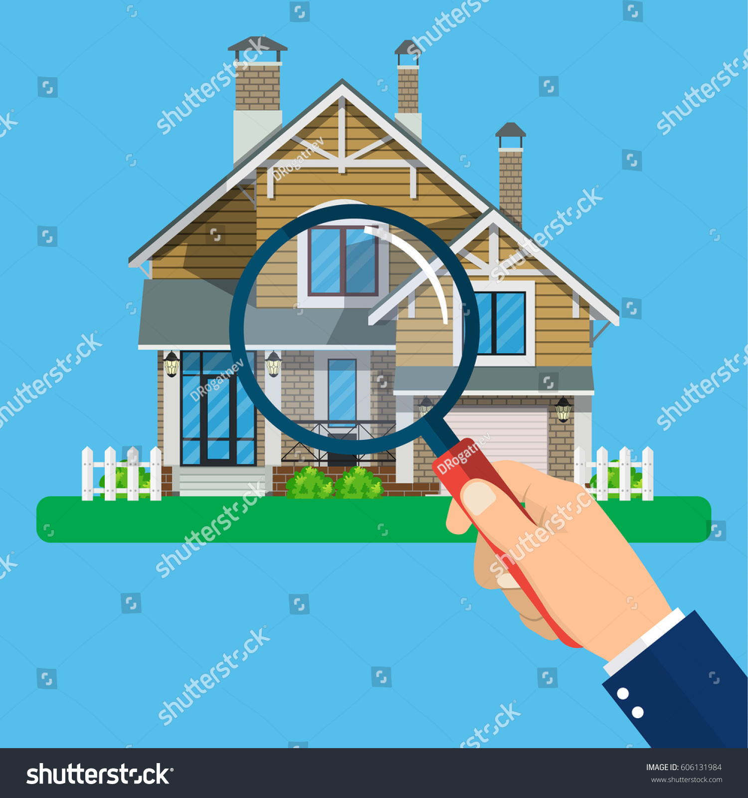 Magnifying glass with house. Real estate concept. Search for home vector icon. Vector illustration in flat style