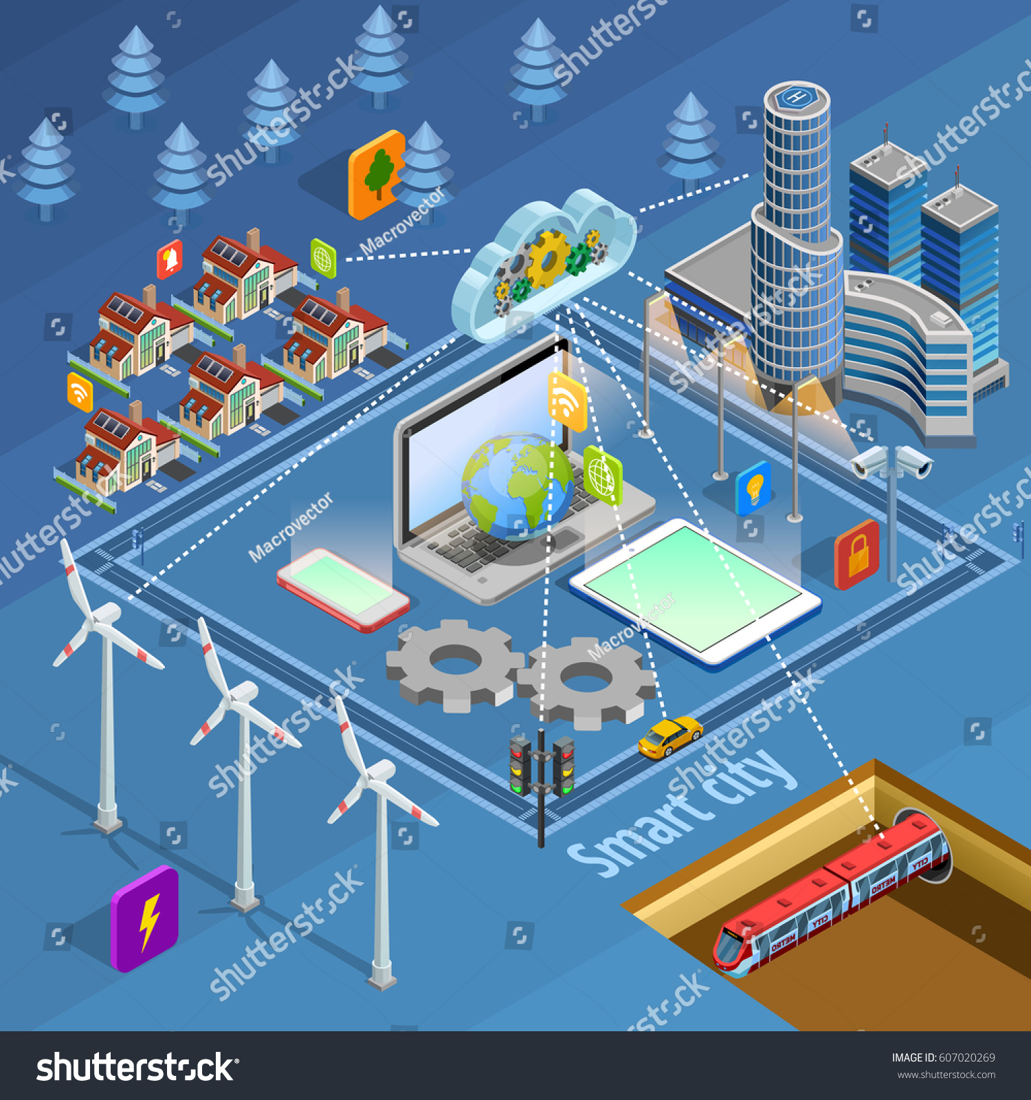 Smart city internet of thing solutions managing safety energy supply communication and transport isometric poster vector illustration