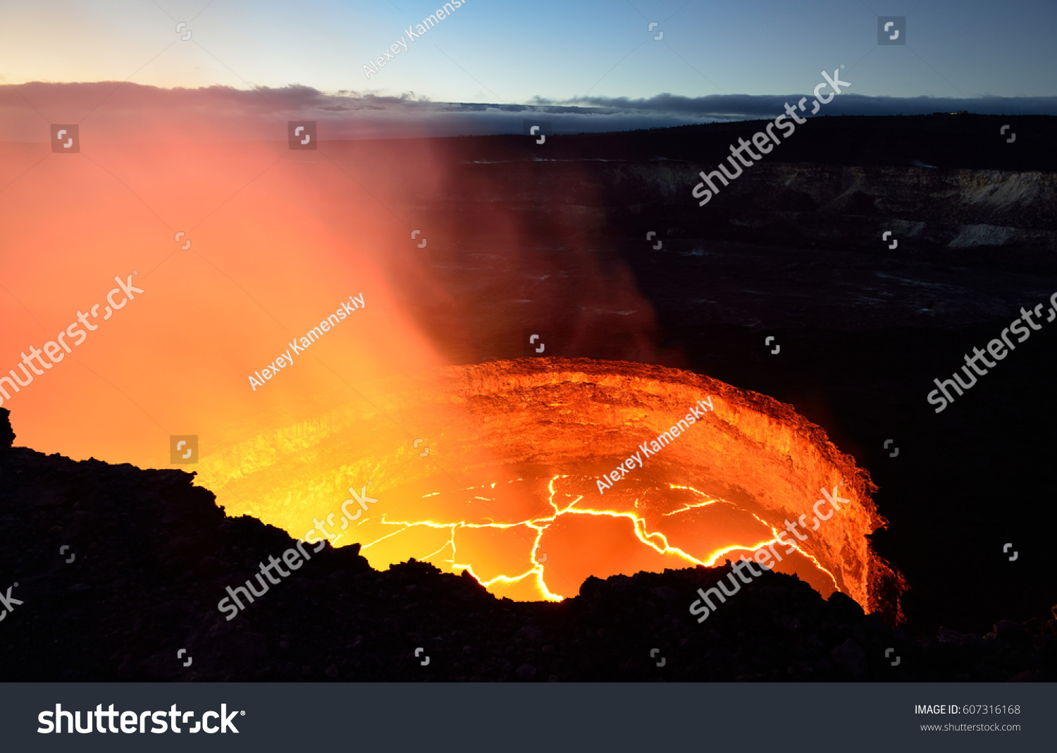 inside view of an active volcano with lava flow in Volcano National Park  Big Island of Hawaii  USA