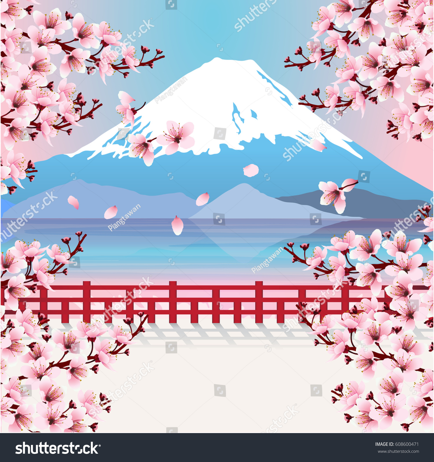 Mountain with cherry blossom branches. View of Fuji mountain and lake with sakura flowers. Image of Japan. Vector illustration.