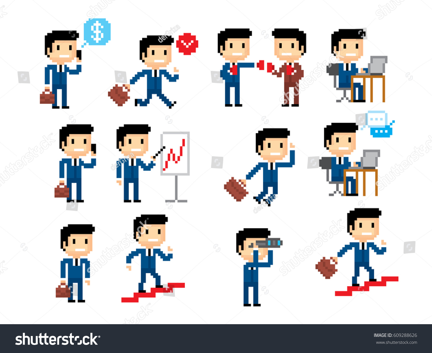 Businessman icons set. Pixel art. Old school computer graphic style. Games elements.