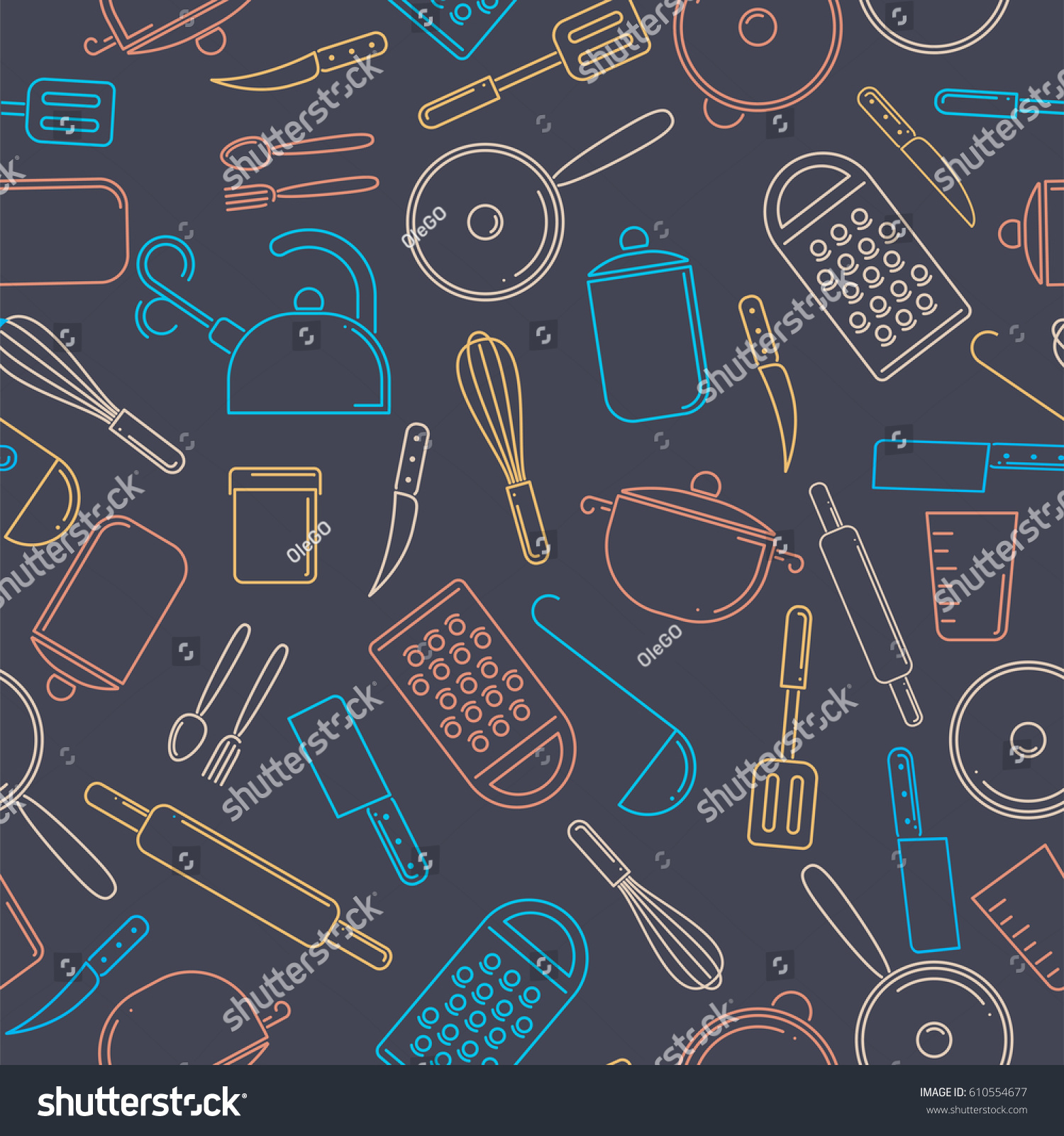 Seamless pattern of colorful kitchenware on dark background. Set of kitchen tools.