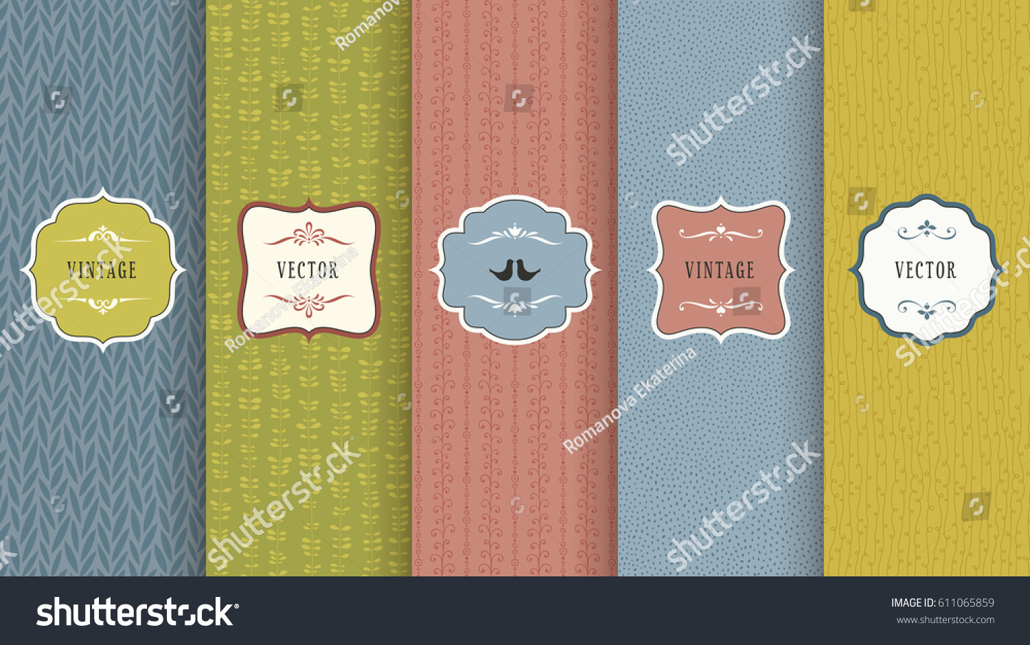 Retro seamless pattern set. Vector illustrations with frames  ornate design elements and birds. Good for children's cloths  package  wallpaper  surface textures  greeting cards and invitations.