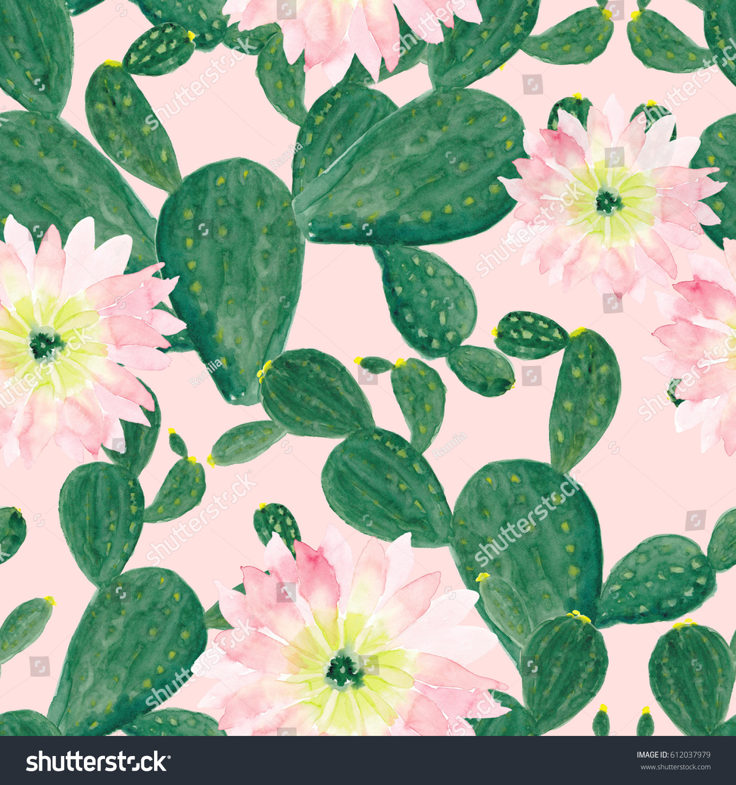 Watercolor painting seamless pattern with cactus flowers