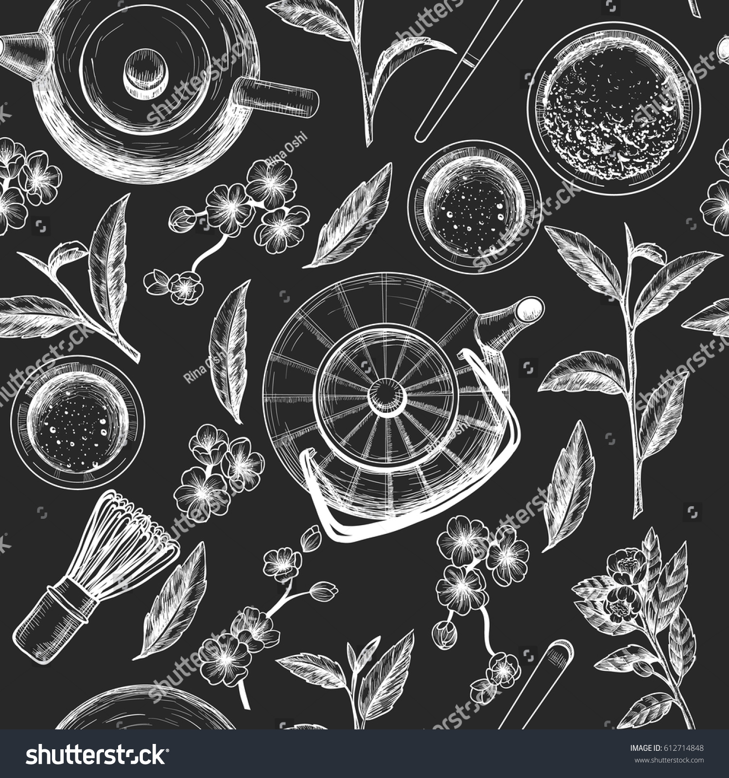 Japanese tea ceremony. Matcha tea. Vector seamless pattern