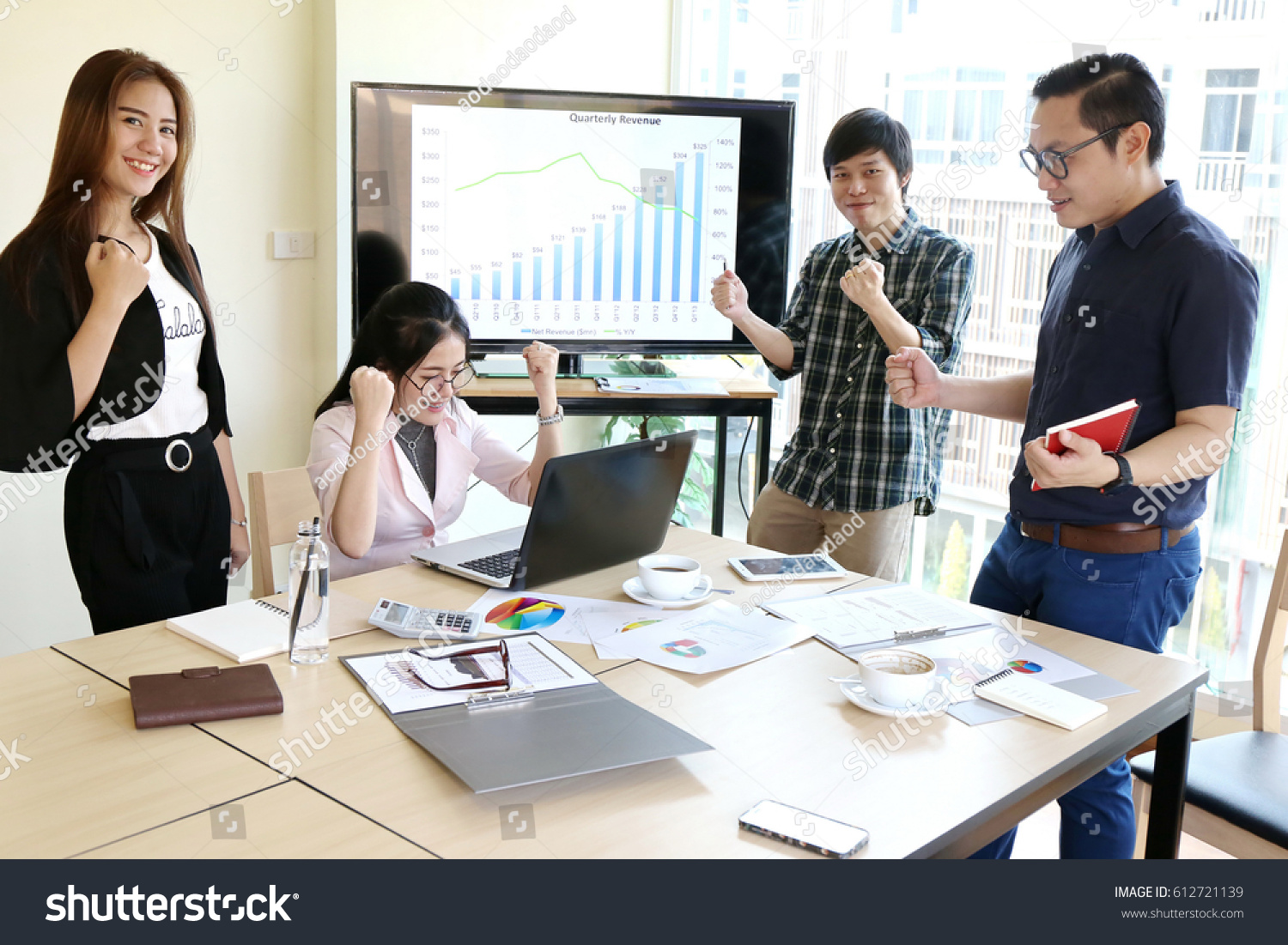 Happiness Asian businessmen people group explaining colleagues latest profit financial data in meeting room togetherness. Corporate business team and manager in a meeting  unit