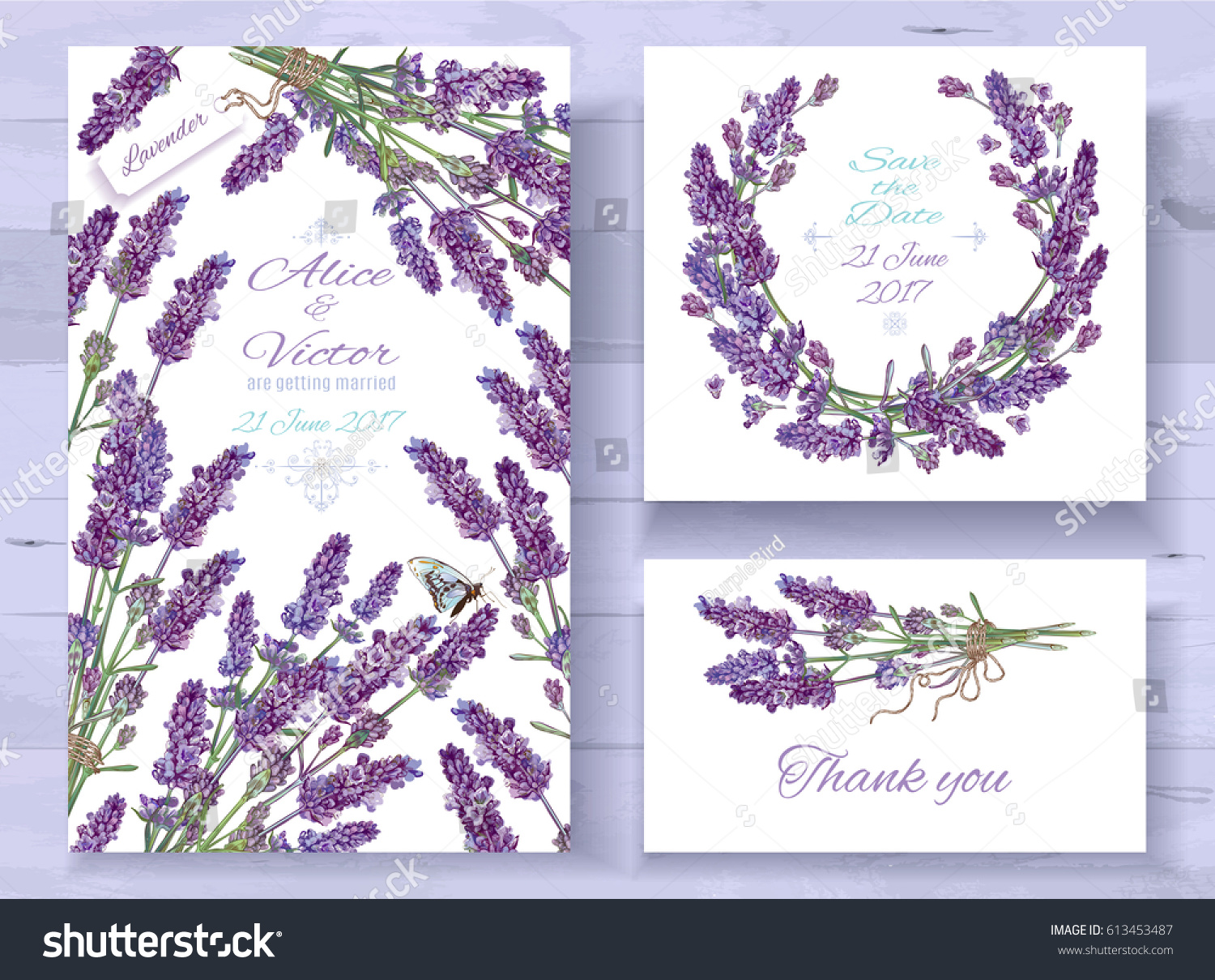 Vector wedding invitations set with lavender flowers on white background. Romantic tender floral design for wedding invitation  save the date and thank you cards. With place for text