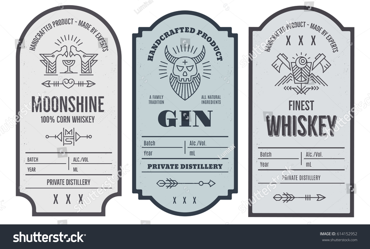 Set of vintage bottle label design with ethnic elements in thin line style. Alcohol industry emblem  distilling business. Monochrome  black on white. Place for text