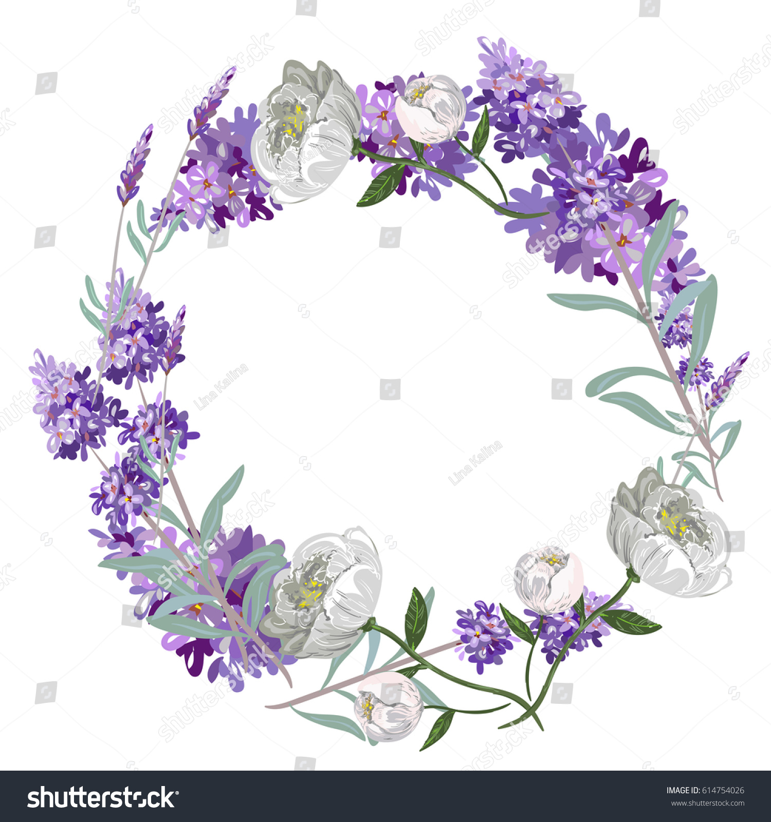 Lavender and peony round frame vector template