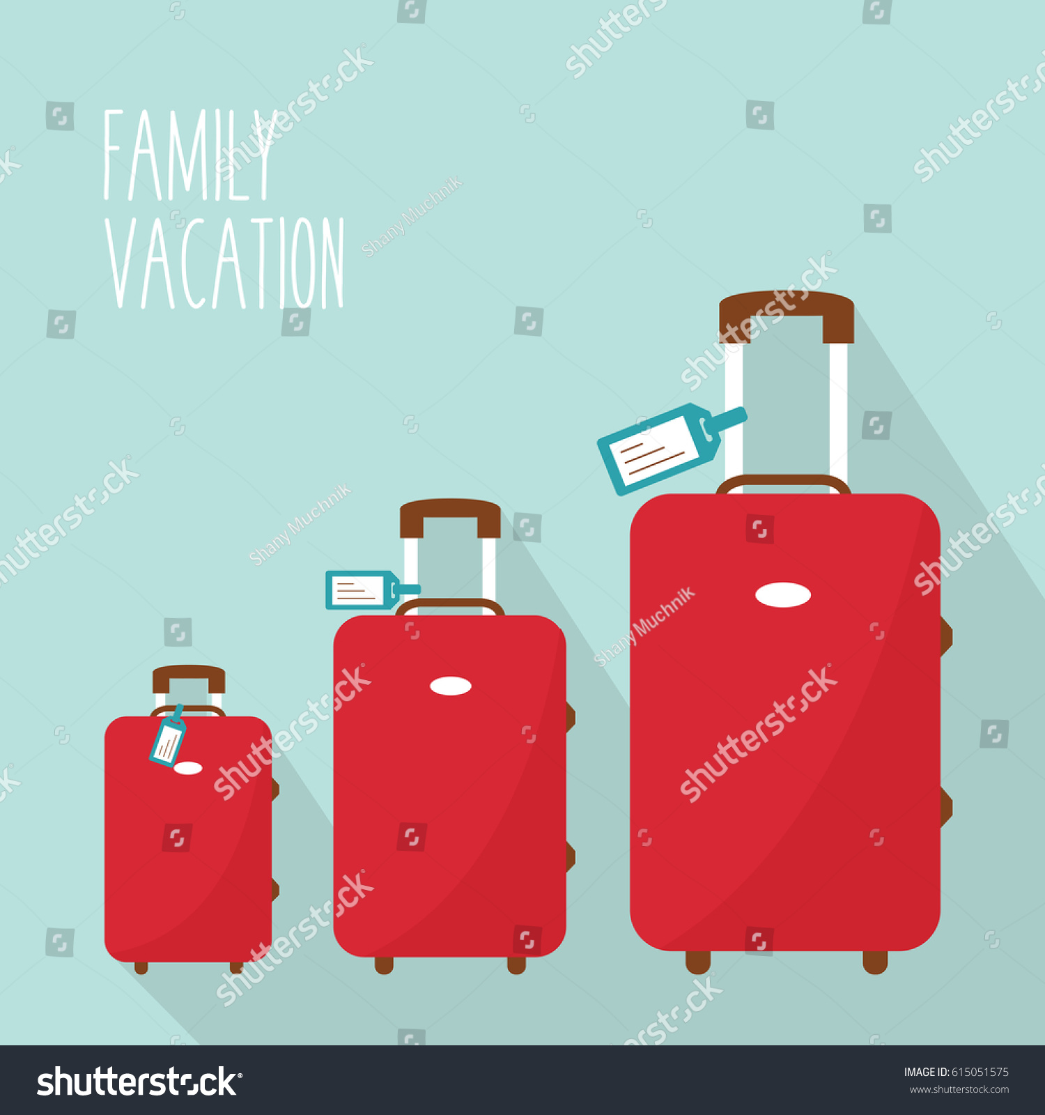 three red modern suitcase vector. 3 luggage family in vacation. mom  dad & daughter or son. one big baggage & two little from smallest to largest or biggest in holiday & tag name Travel flat design.