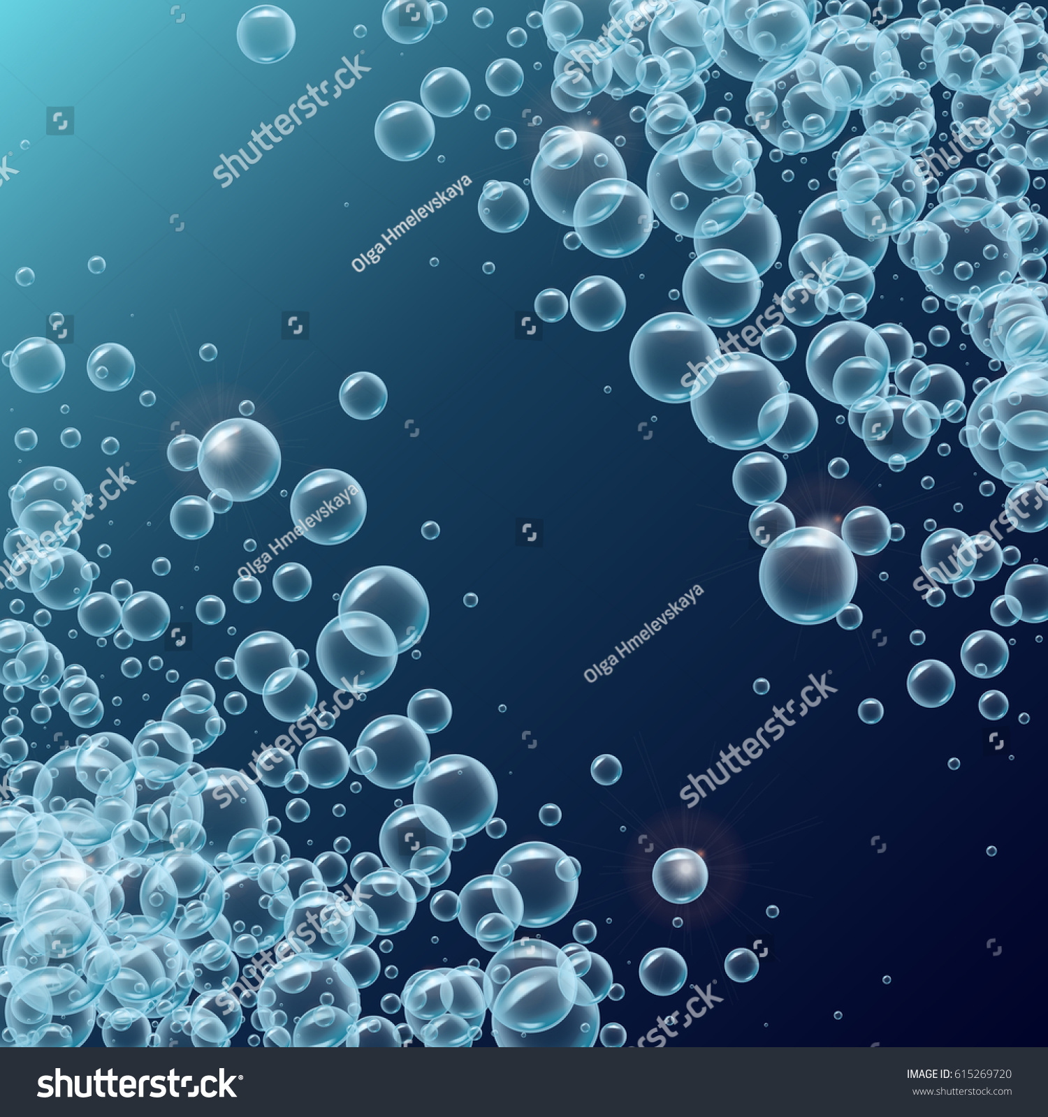 Shampoo square frame of realistic water bubbles with diagonal stripe for text. Cool deep sea background. Cleaning soap foam  shampoo bubbles underwater. For swimming pool banner  flyer  invitation.