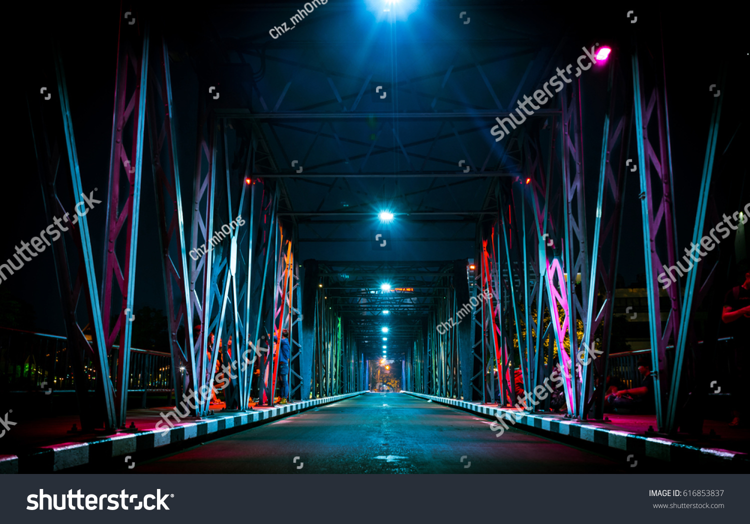 Colorful light on Iron Bridge at night time in Chiang mai  Thailand