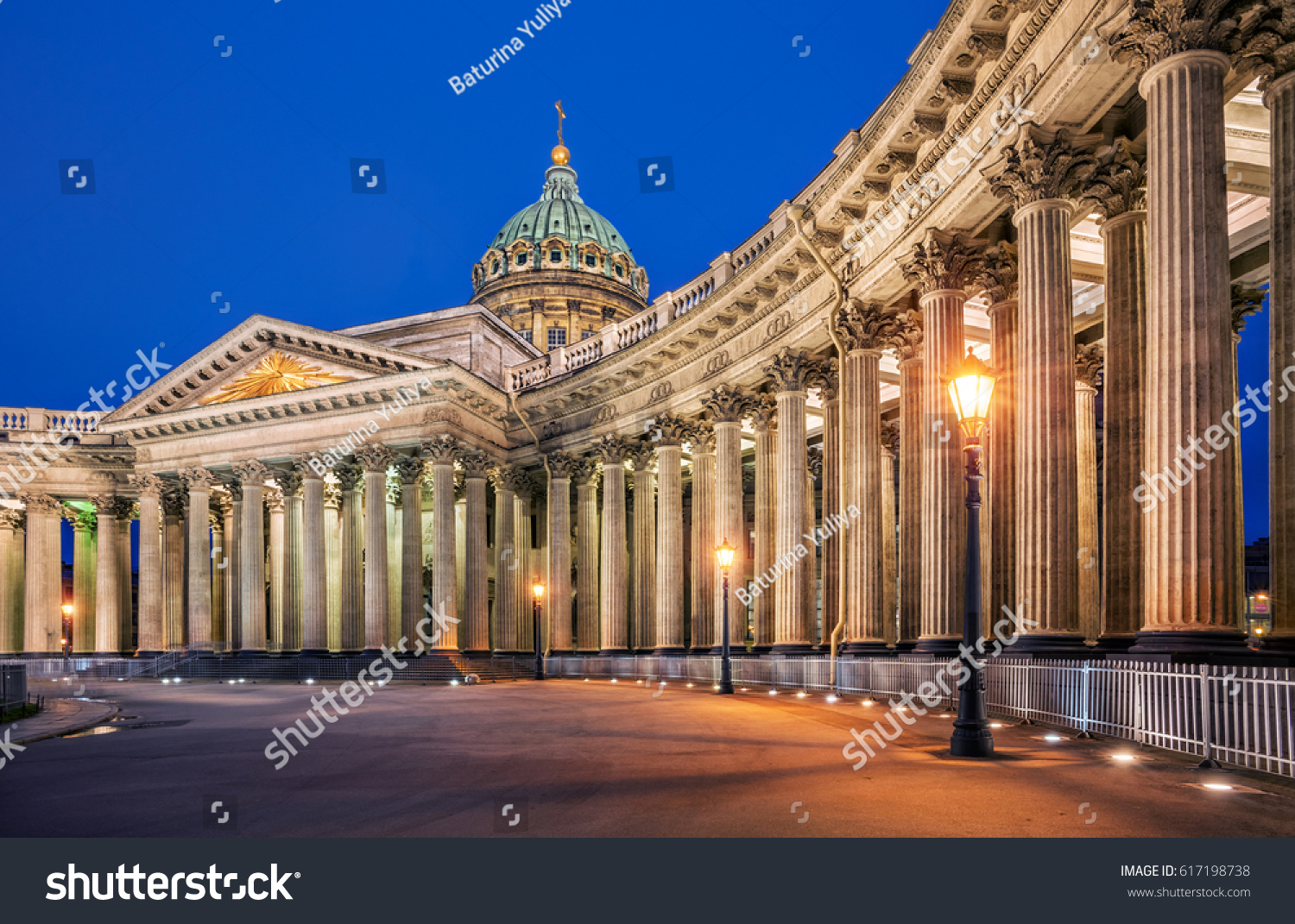Kazan Cathedral with night illumination in St. Petersburg before dawn