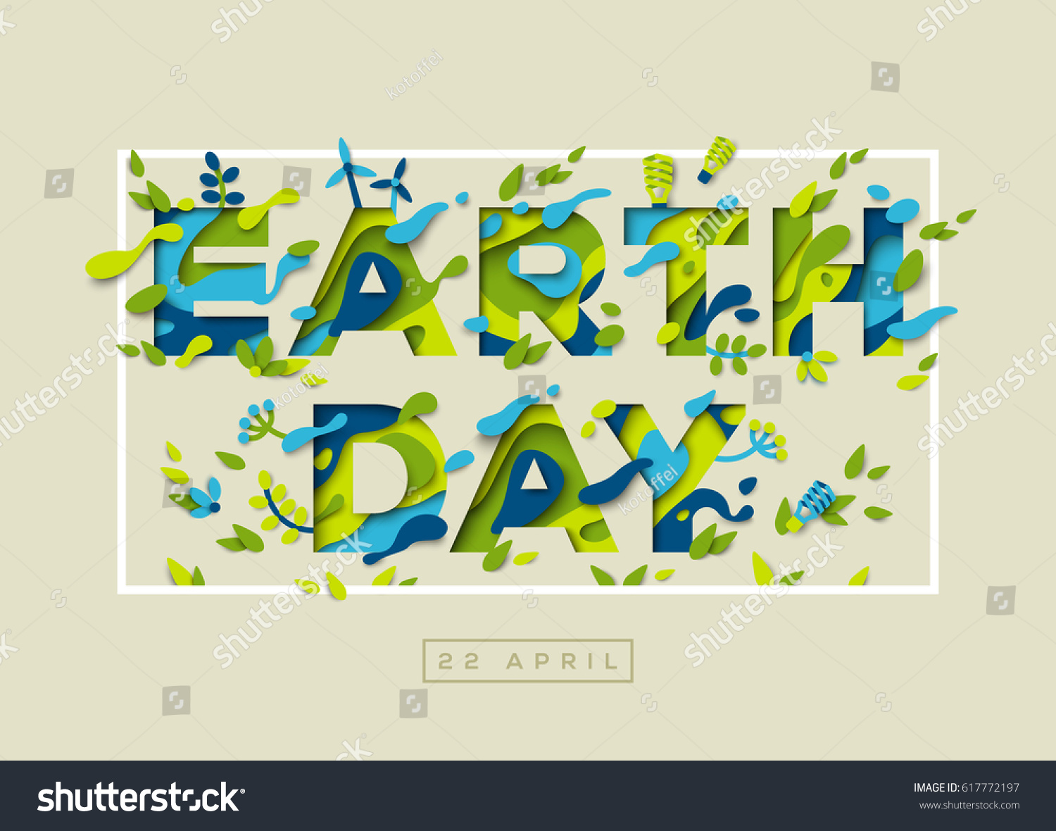 Happy Earth day typography design with abstract leaves  papercut shapes and ecology icons. Vector illustration. Colorful environment elements thin square frame.