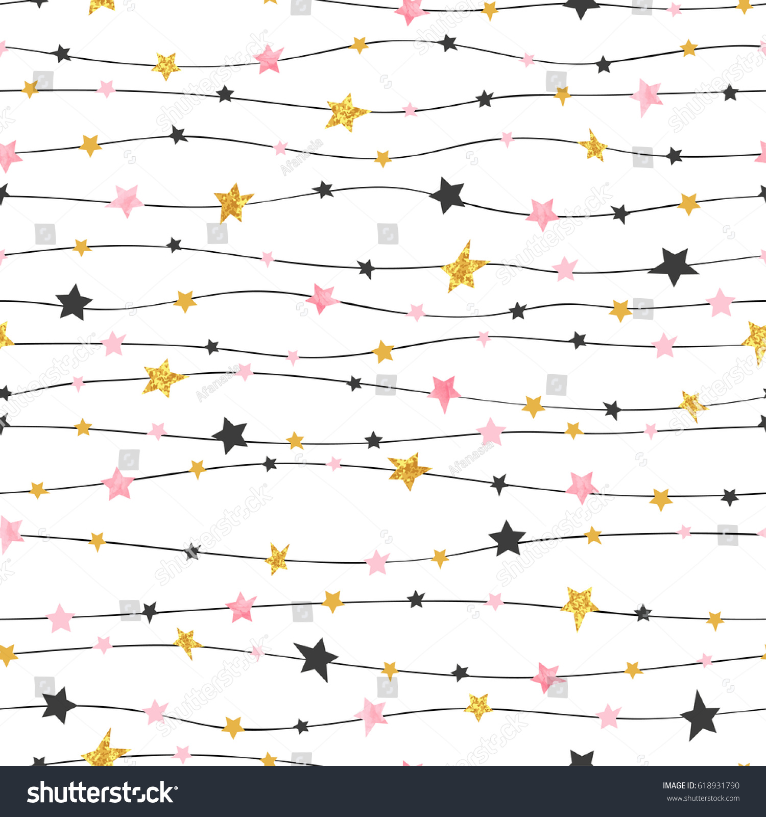 Seamless stars pattern in pink  black and golden colors. Vector celebration background. 