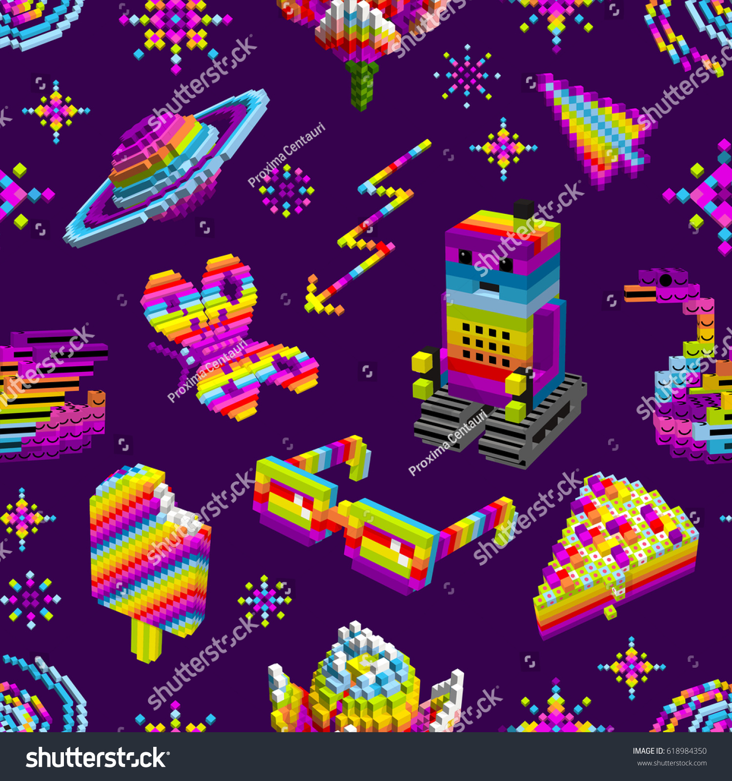 Robot loved butterfly swan ice cream cake space rainbow stars.Computer characters 3D cubes pixel art game style digital seamless pattern for wallpaper textiles .Vector