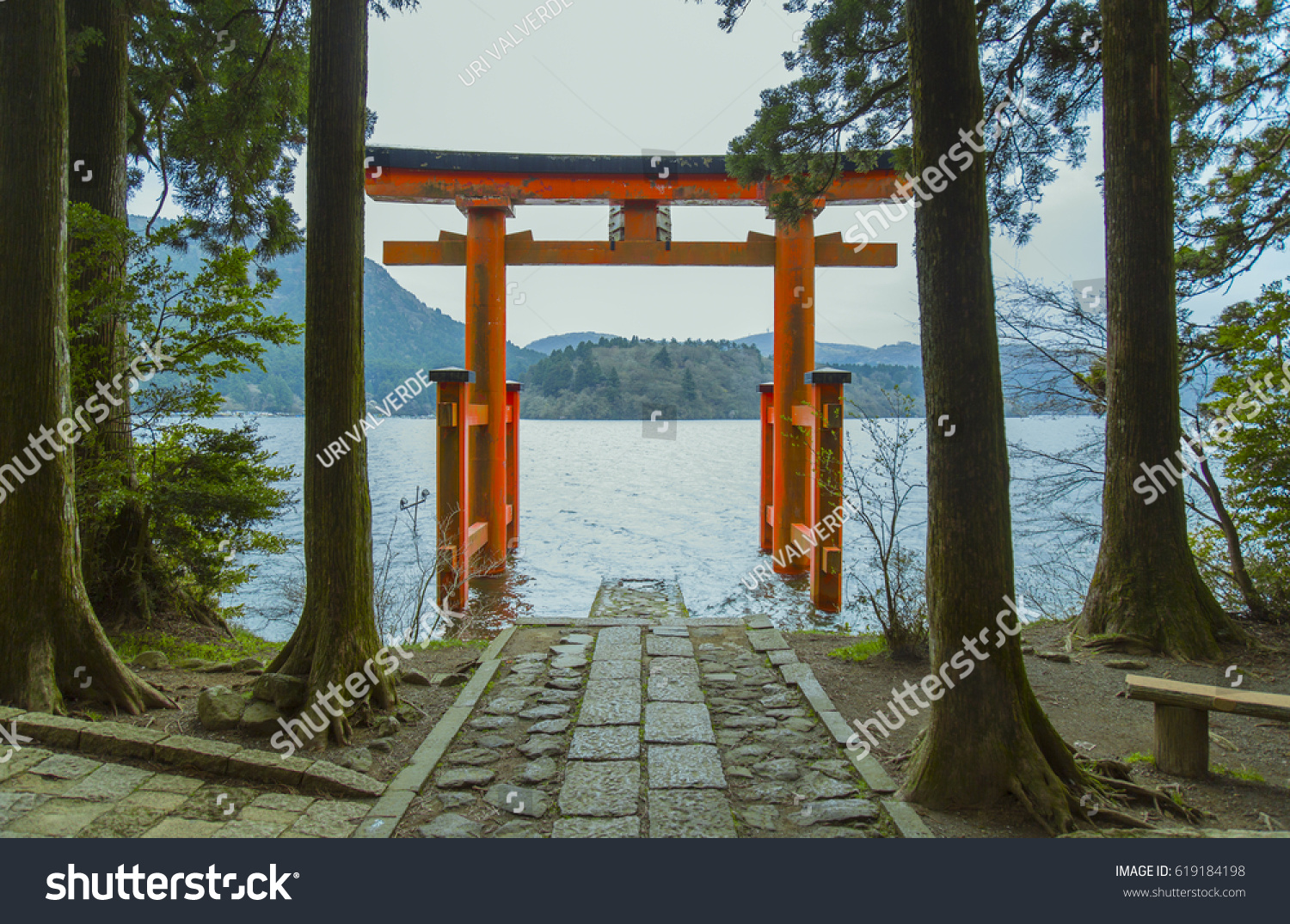 Red gate near the lake in Hakone