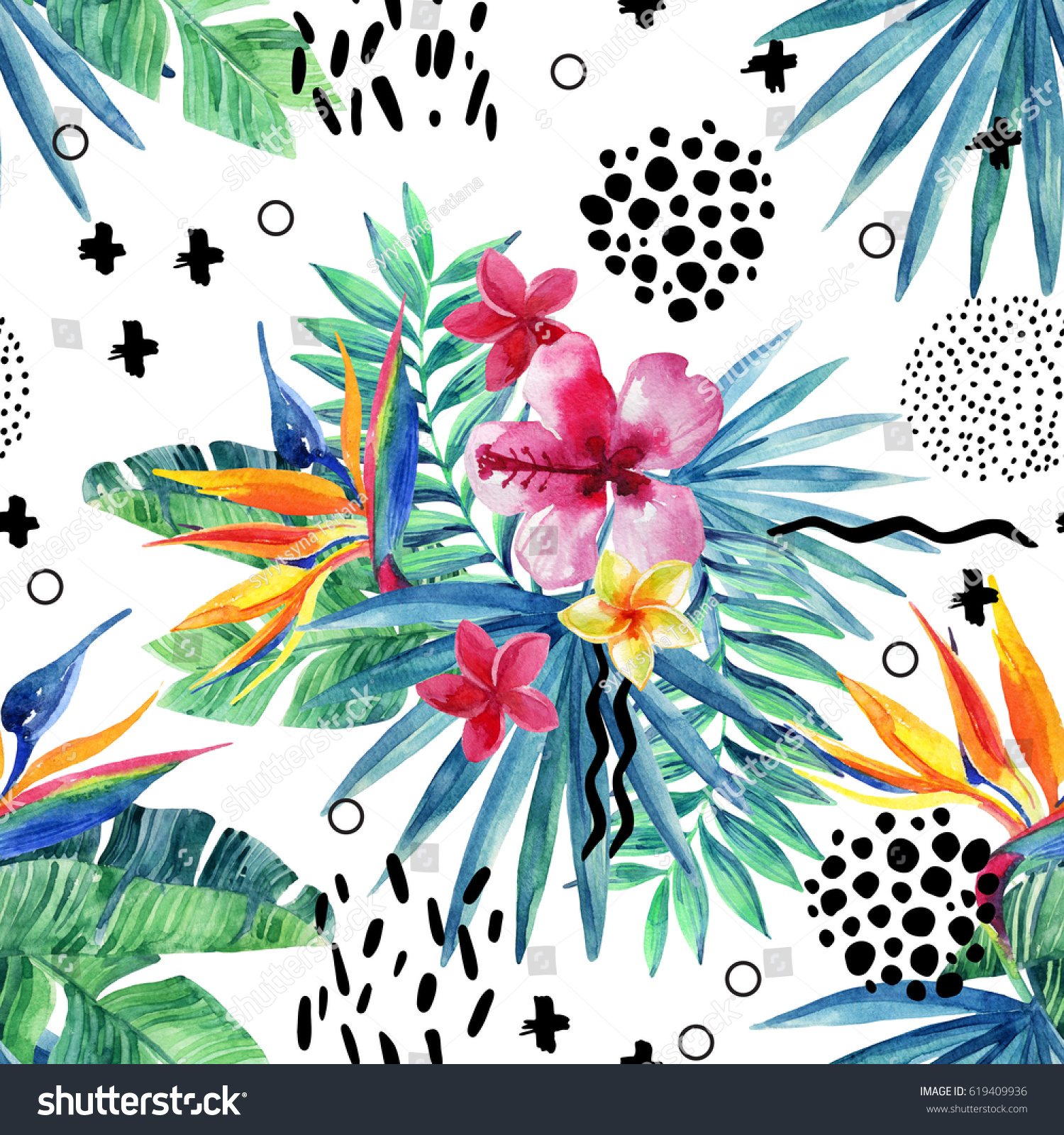 Abstract tropical summer seamless pattern. Watercolor exotic flowers palm leaves grunge textures doodles. Water color background with 80s or 90s elements. Hand painted illustration