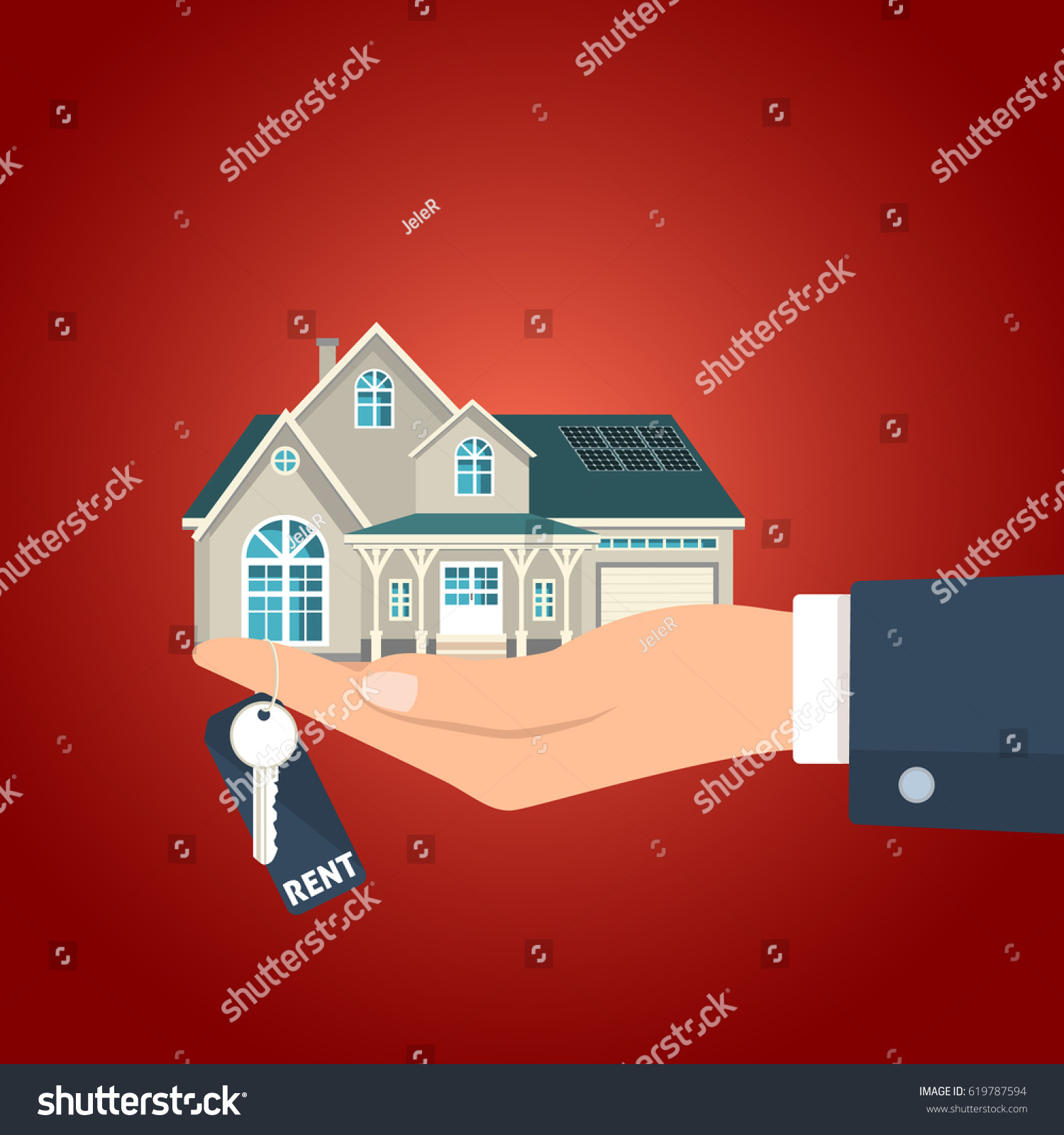 Hand  holding residential building for rent and the figurine vector illustration. 
