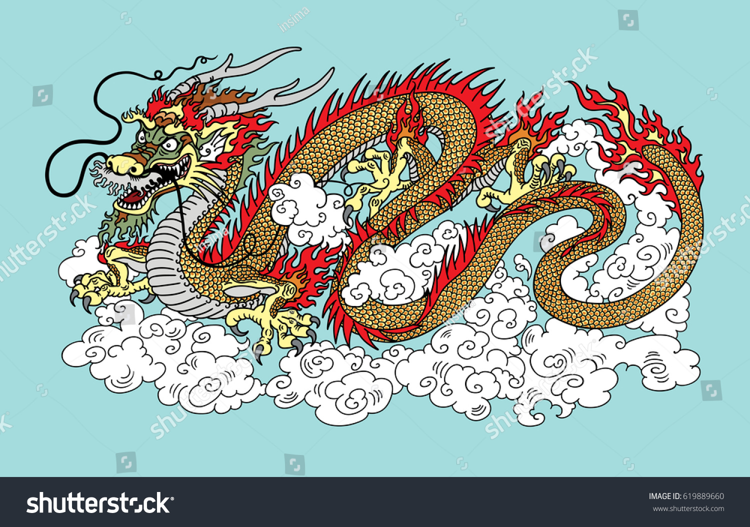 Chinese dragon in the sky surrounded by clouds. Vector illustration on blue background