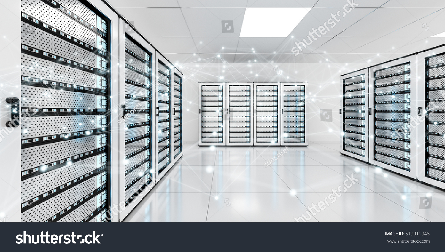 White and blue abstract network on server room data center 3D rendering