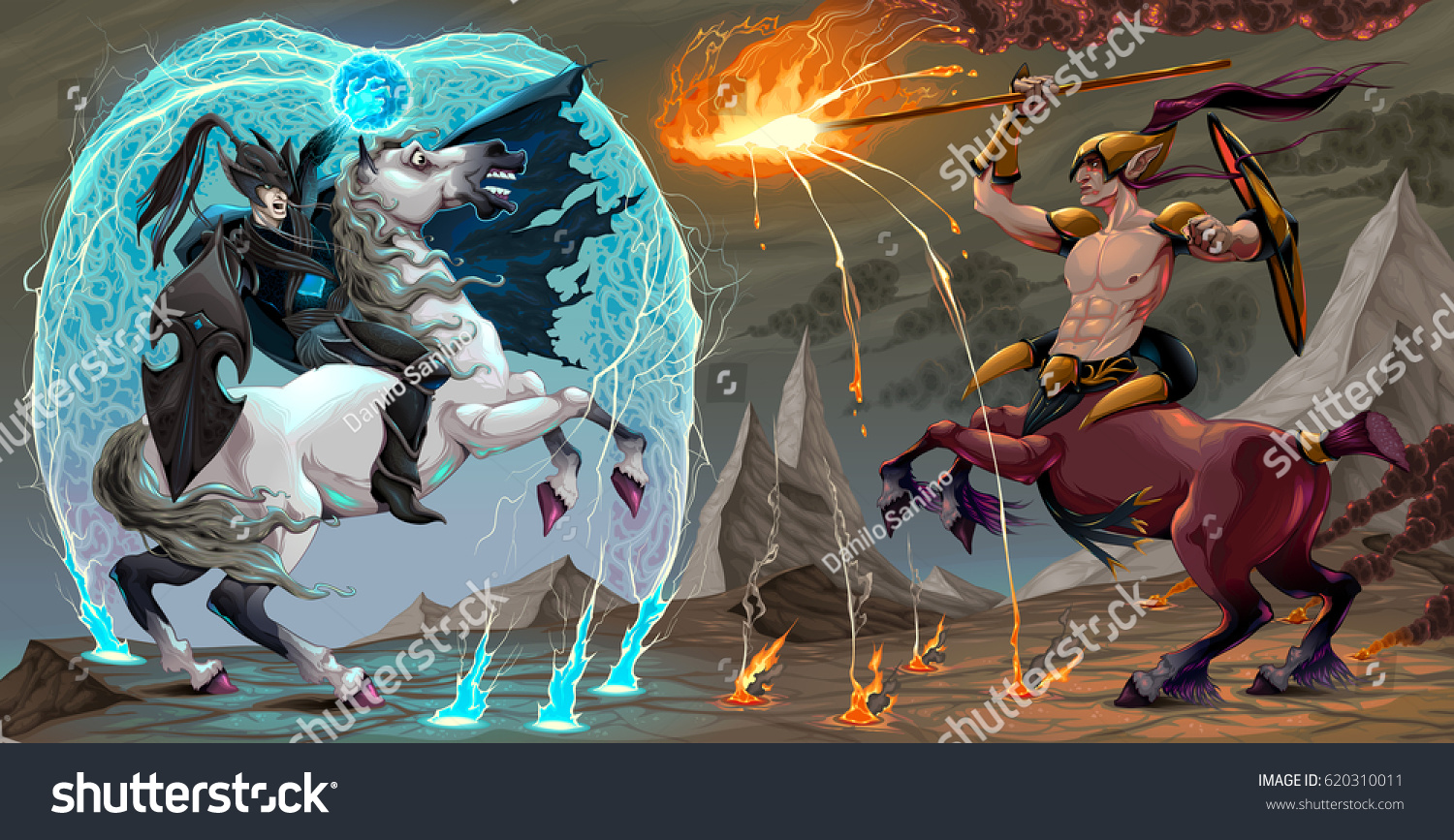 Fighting scene between dark elf and centaur. Fantasy vector illustration