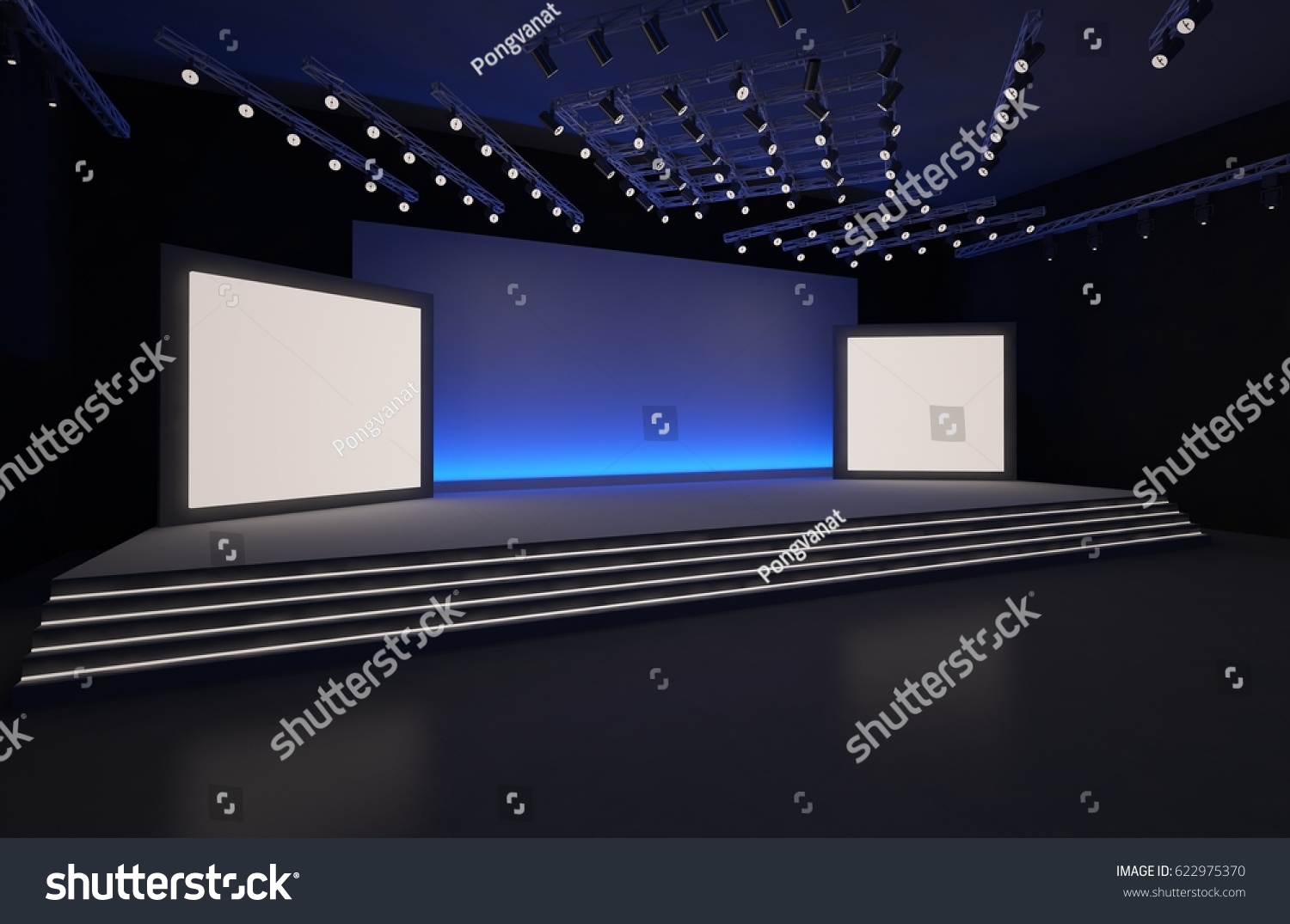 3D interior stage event led tv light night staging render illustration