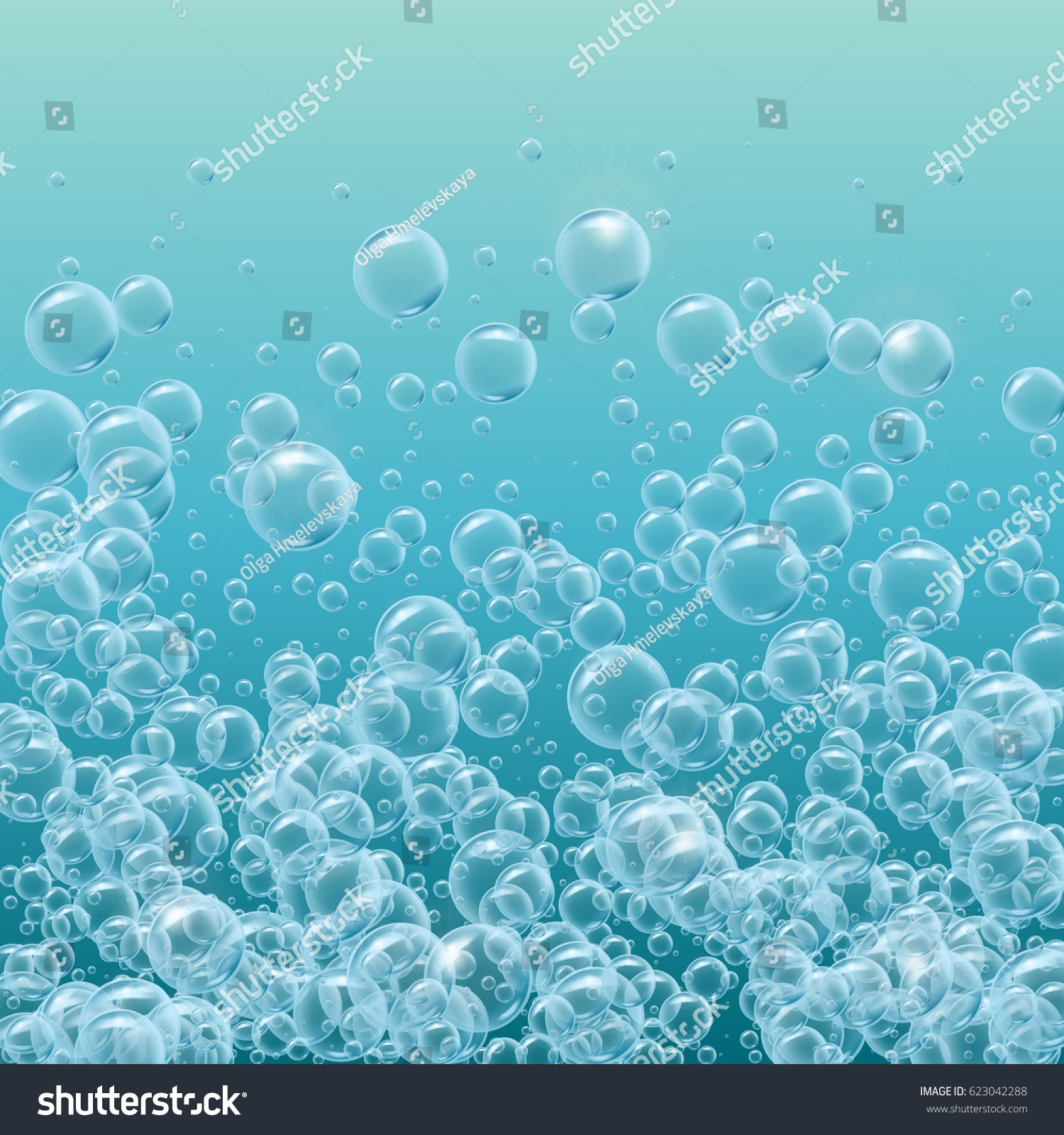 Shampoo floating sprays of realistic water bubbles. Template for aqua park  swimming pool  diving club design. For banner  flyer  party invitation. Cleaning soap foam or shampoo bubbles underwater.