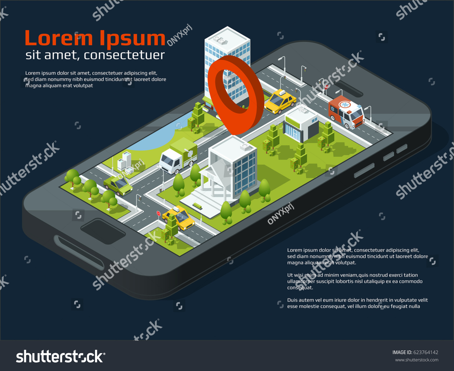 Vector 3d city concept picture. Different business buildings  roads  garden and other urban elements. Location street gps on phone  city map with pin on smart phone gps illustration