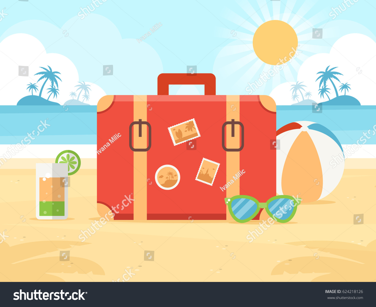 Summer Vacation Concept. Travel Bag  Cocktail  Sunglasses and Beach Ball on a Beach. Flat Design Style.  