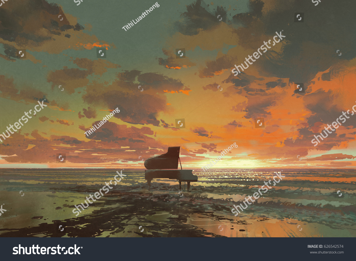 surreal painting of melting black piano on the beach at sunset  illustration art