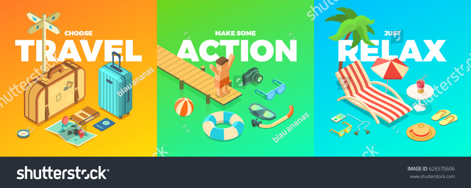 Summer Vacation Activities  Isometric Accessories  Travel  Action  Relax  Fun  isolated vector illustrations